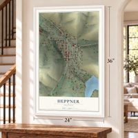 Heppner, Oregon map, 24 x 36 inch print in a white frame by a staircase