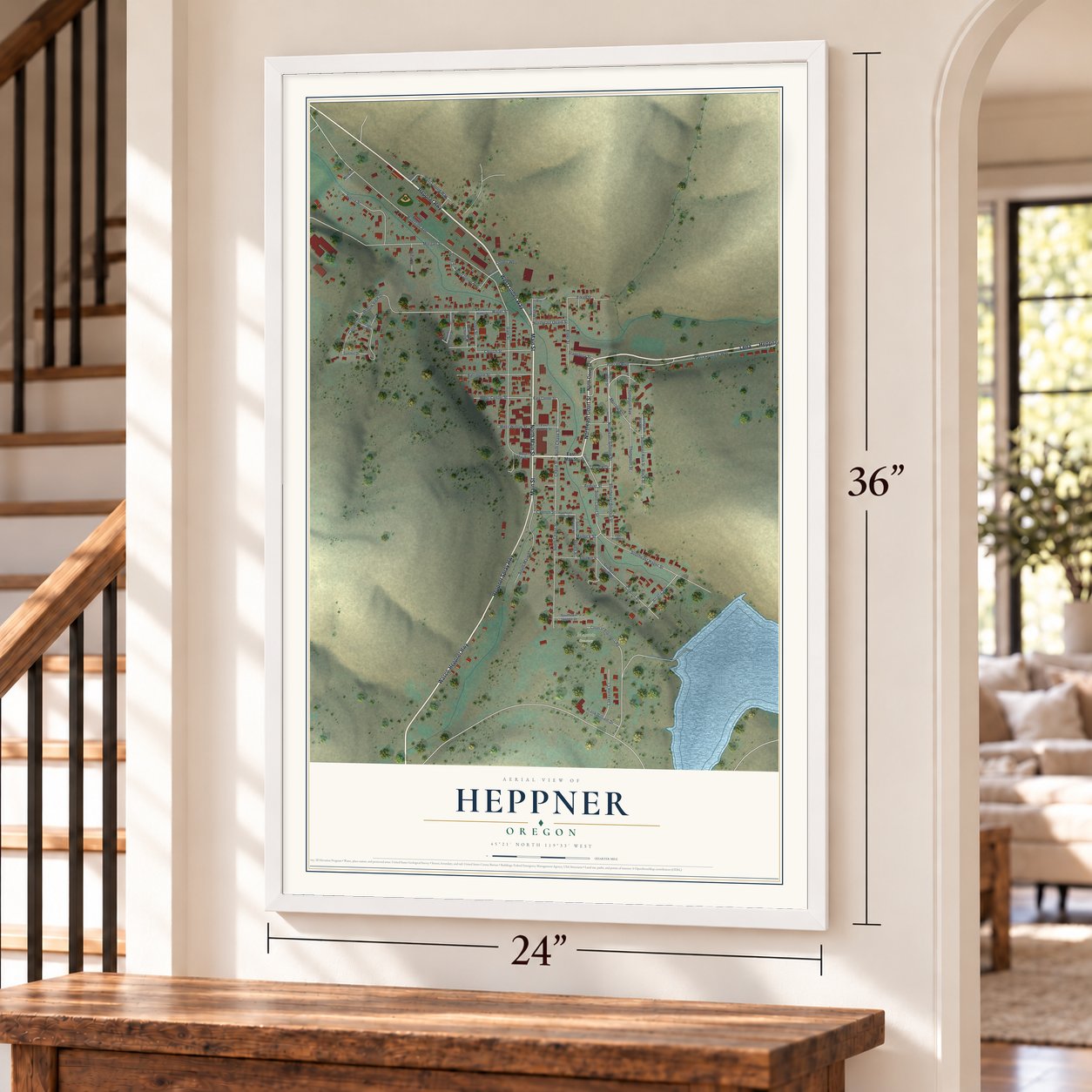 Heppner, Oregon map, 24 x 36 inch print in a white frame by a staircase