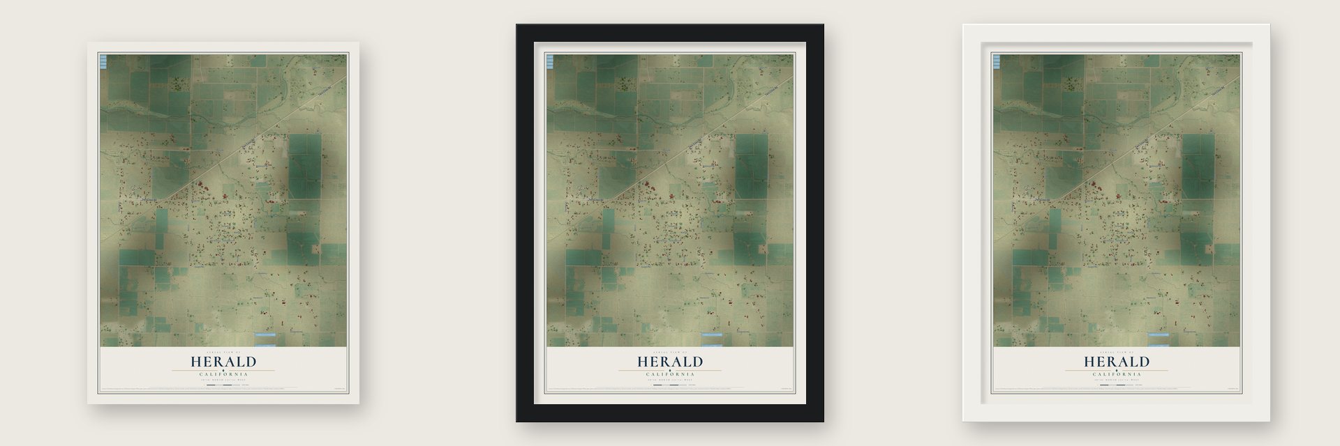 Herald, California map unframed, in a black wood frame and in a white wood frame