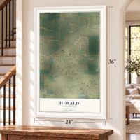 Herald, California map, 24 x 36 inch print in a white frame by a staircase