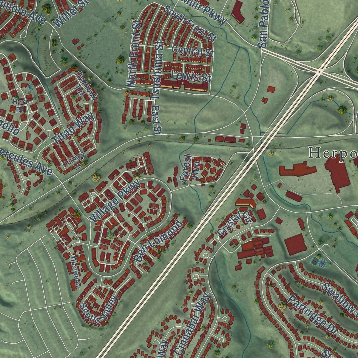Second close-up of the map of Hercules, California print showing more streets and buildings