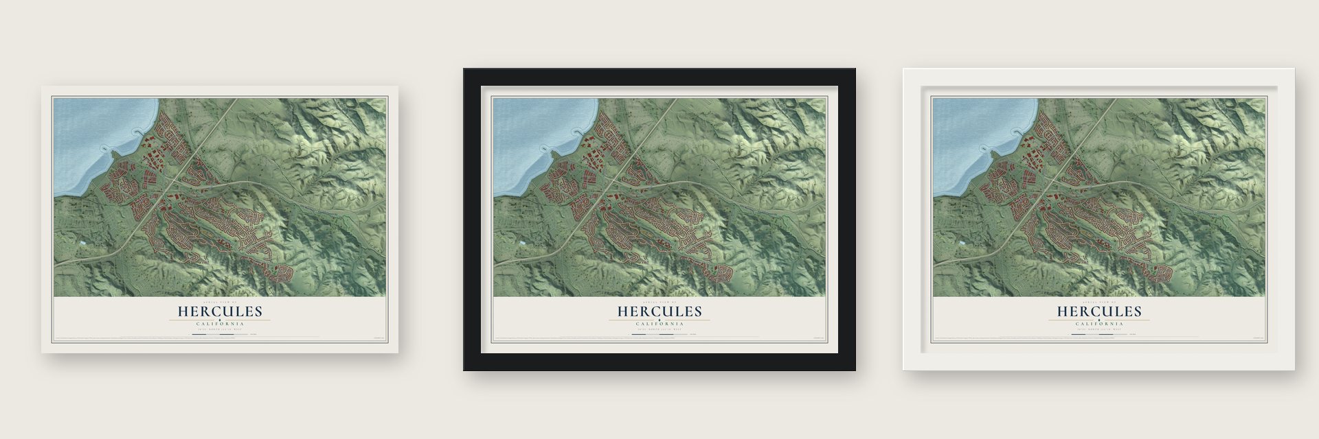 Hercules, California map unframed, in a black wood frame and in a white wood frame