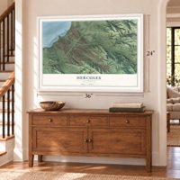 Hercules, California map, 24 x 36 inch print in a white frame above a dresser by a staircase
