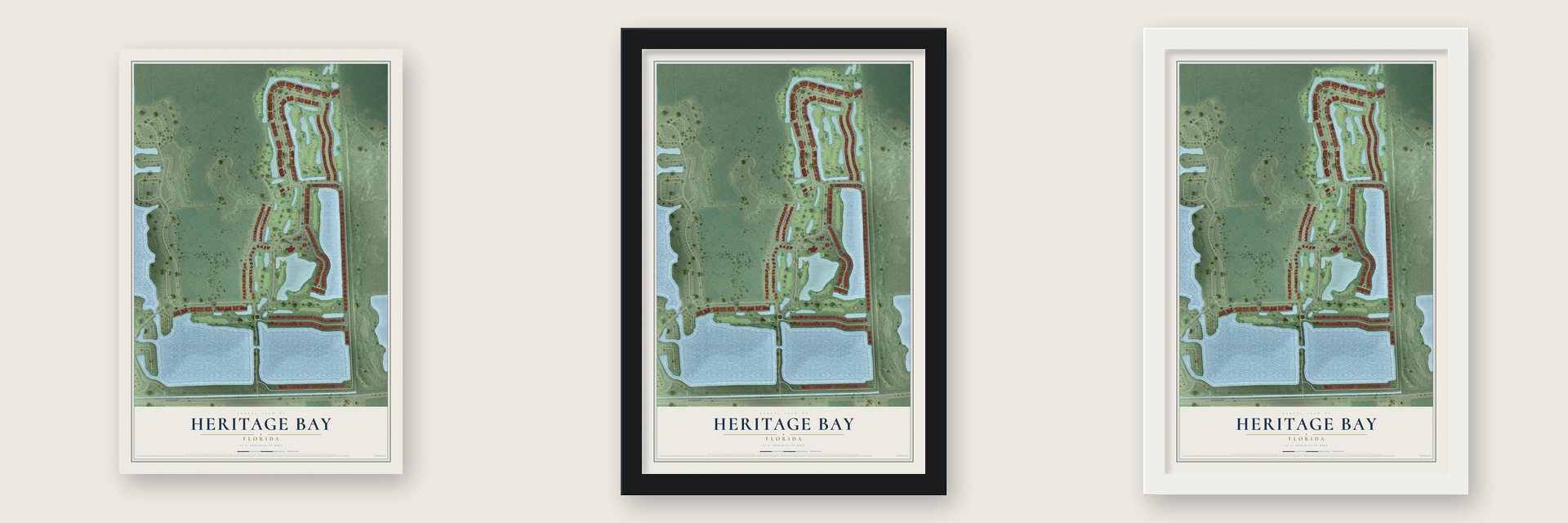Heritage Bay, Florida map unframed, in a black wood frame and in a white wood frame