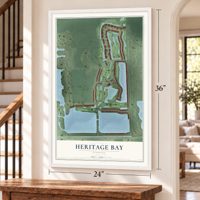 Heritage Bay, Florida map, 24 x 36 inch print in a white frame by a staircase