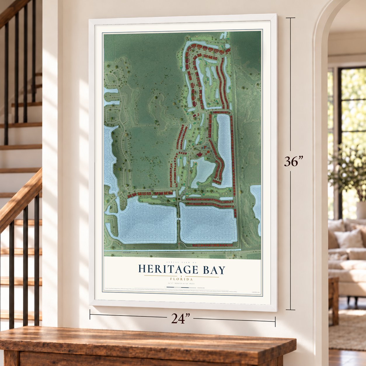 Heritage Bay, Florida map, 24 x 36 inch print in a white frame by a staircase