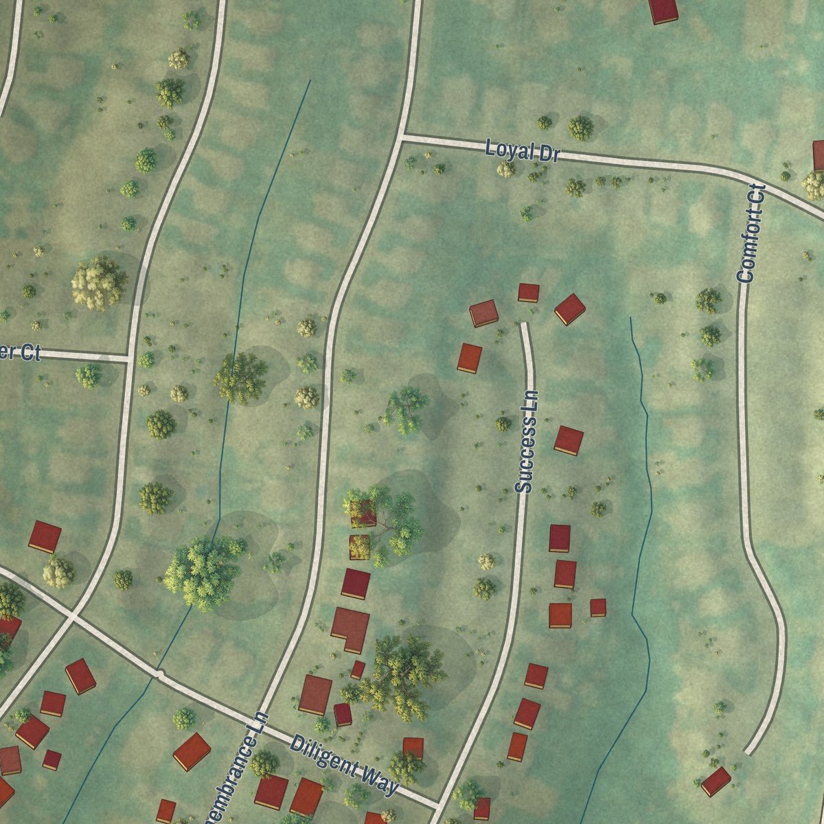 Second close-up of the map of Heritage Creek, Kentucky print showing more streets and buildings