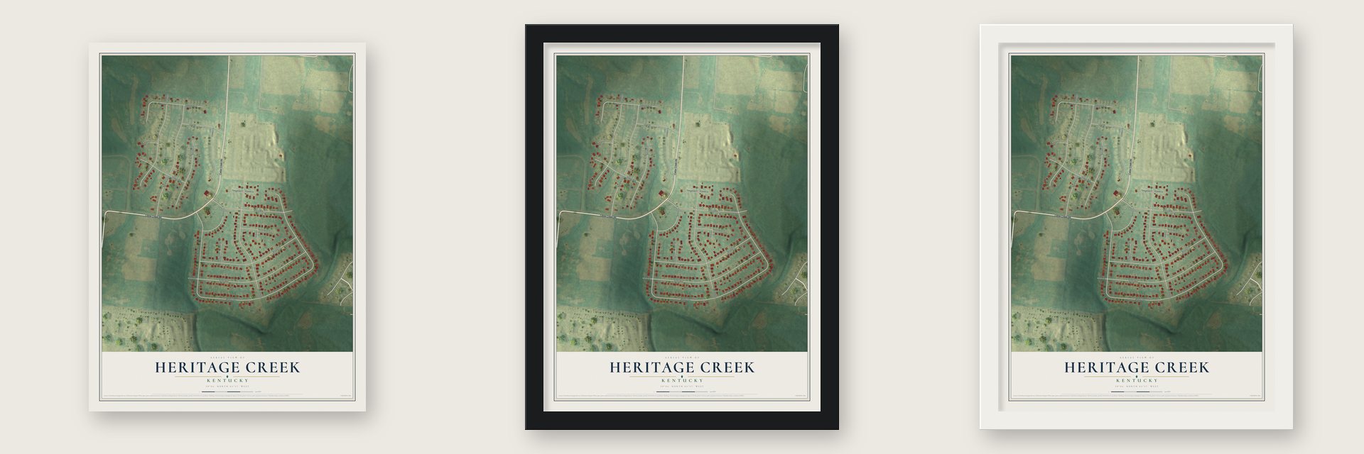 Heritage Creek, Kentucky map unframed, in a black wood frame and in a white wood frame