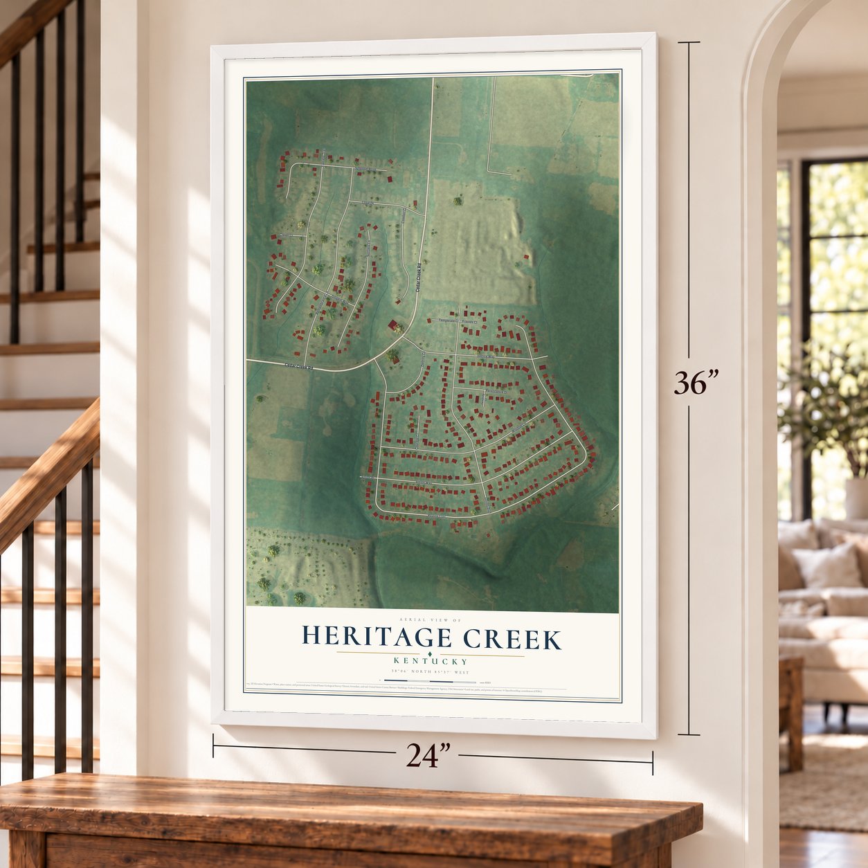 Heritage Creek, Kentucky map, 24 x 36 inch print in a white frame by a staircase