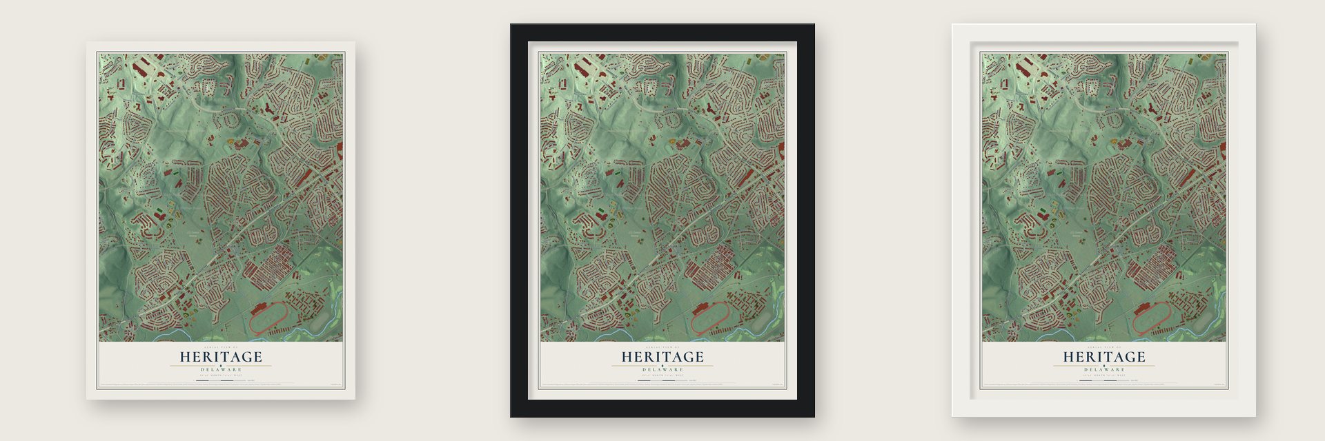 Heritage, Delaware map unframed, in a black wood frame and in a white wood frame