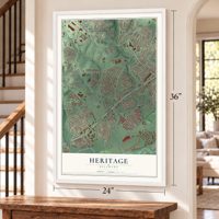 Heritage, Delaware map, 24 x 36 inch print in a white frame by a staircase