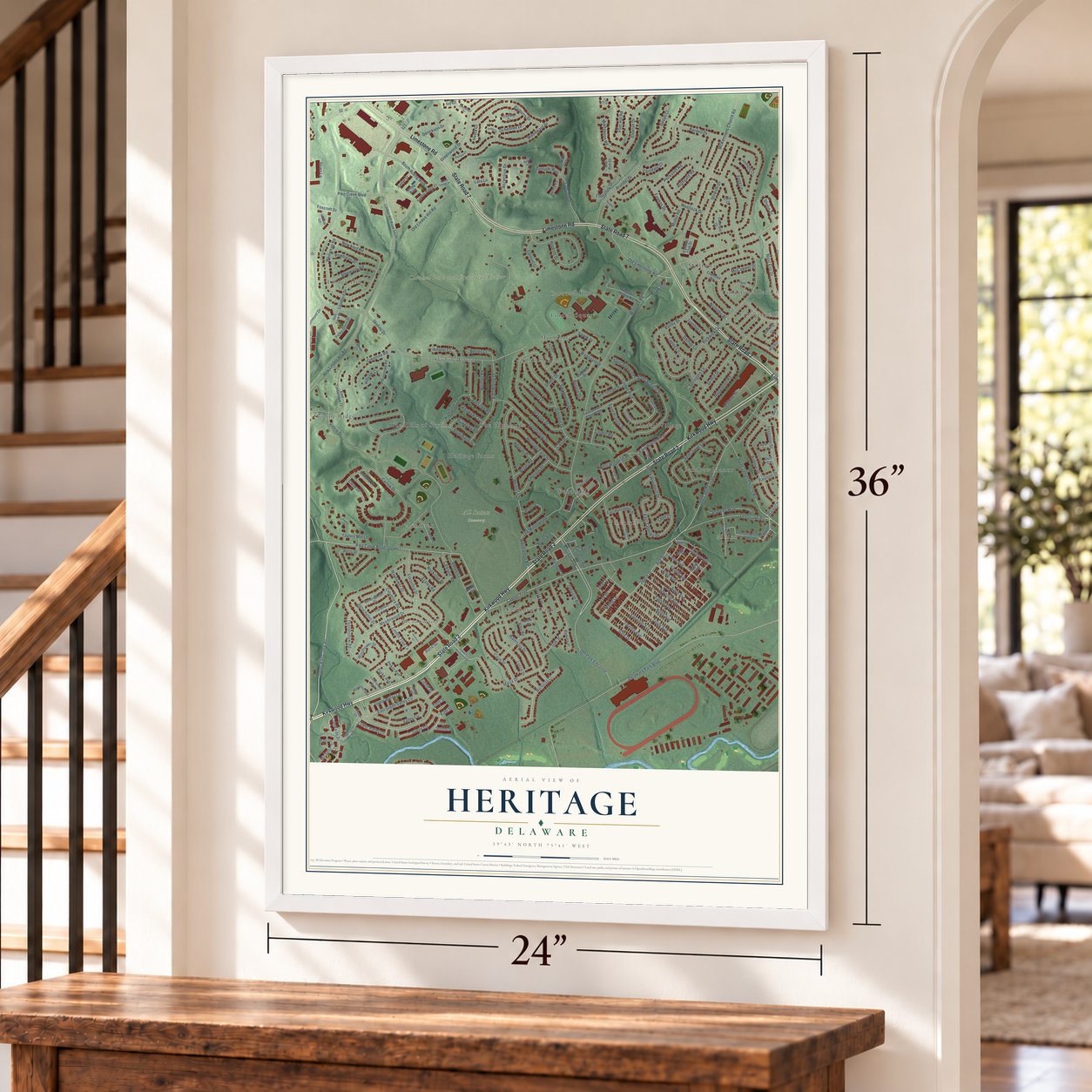 Heritage, Delaware map, 24 x 36 inch print in a white frame by a staircase