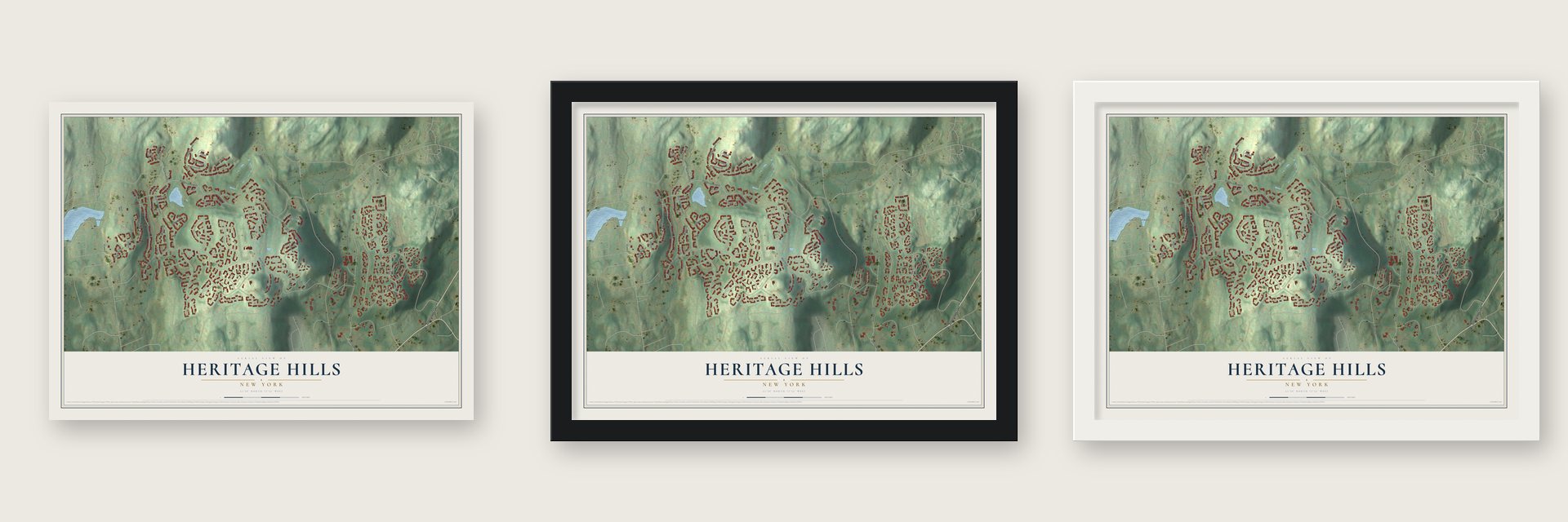 Heritage Hills, New York map unframed, in a black wood frame and in a white wood frame