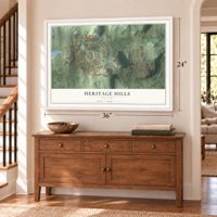 Heritage Hills, New York map, 24 x 36 inch print in a white frame above a dresser by a staircase