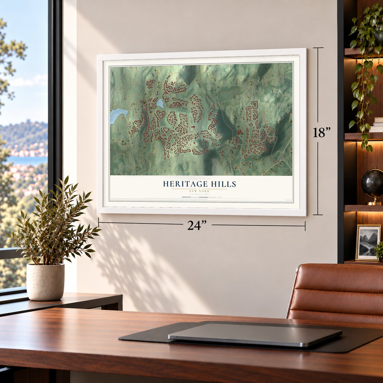 Heritage Hills, New York map, 18 x 24 inch print in a white frame in a home office