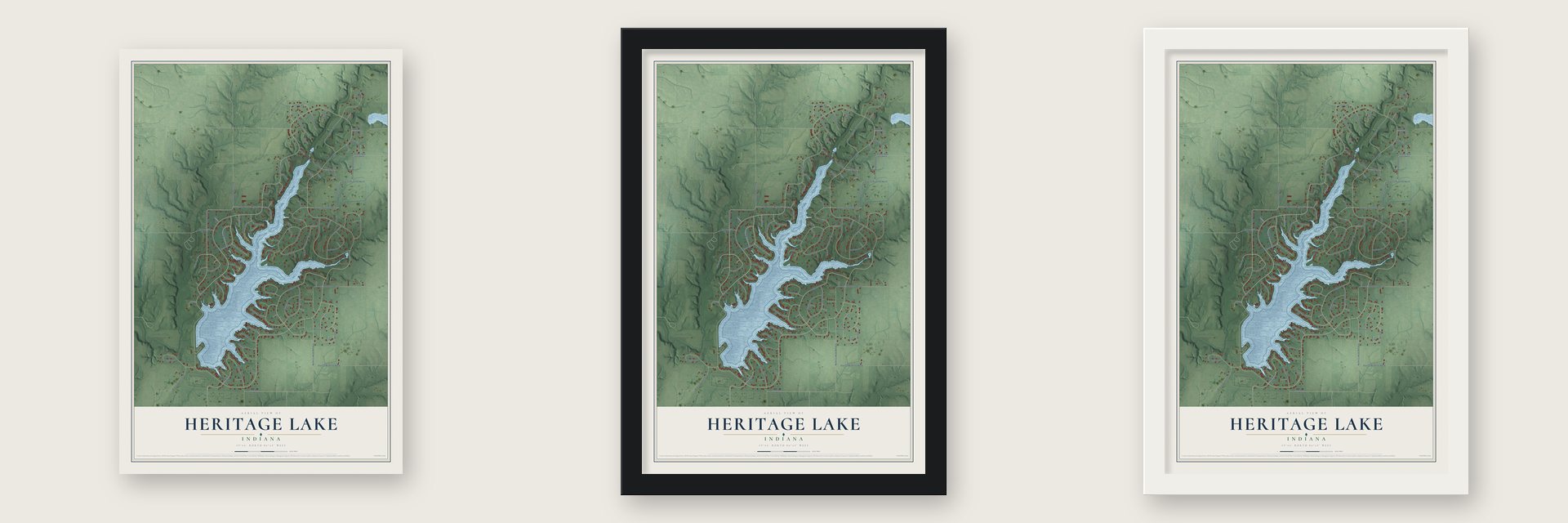 Heritage Lake, Indiana map unframed, in a black wood frame and in a white wood frame