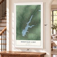 Heritage Lake, Indiana map, 24 x 36 inch print in a white frame by a staircase