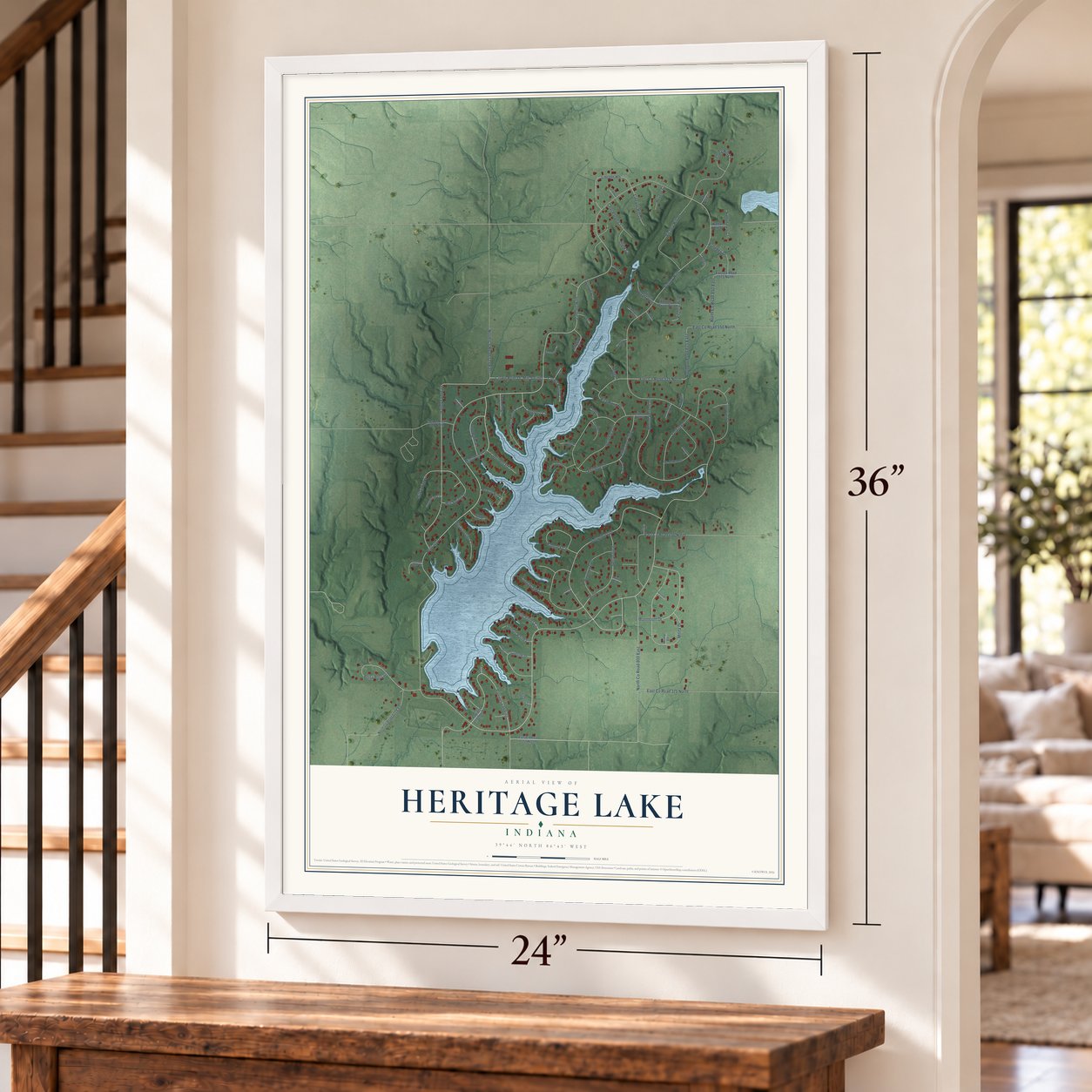 Heritage Lake, Indiana map, 24 x 36 inch print in a white frame by a staircase