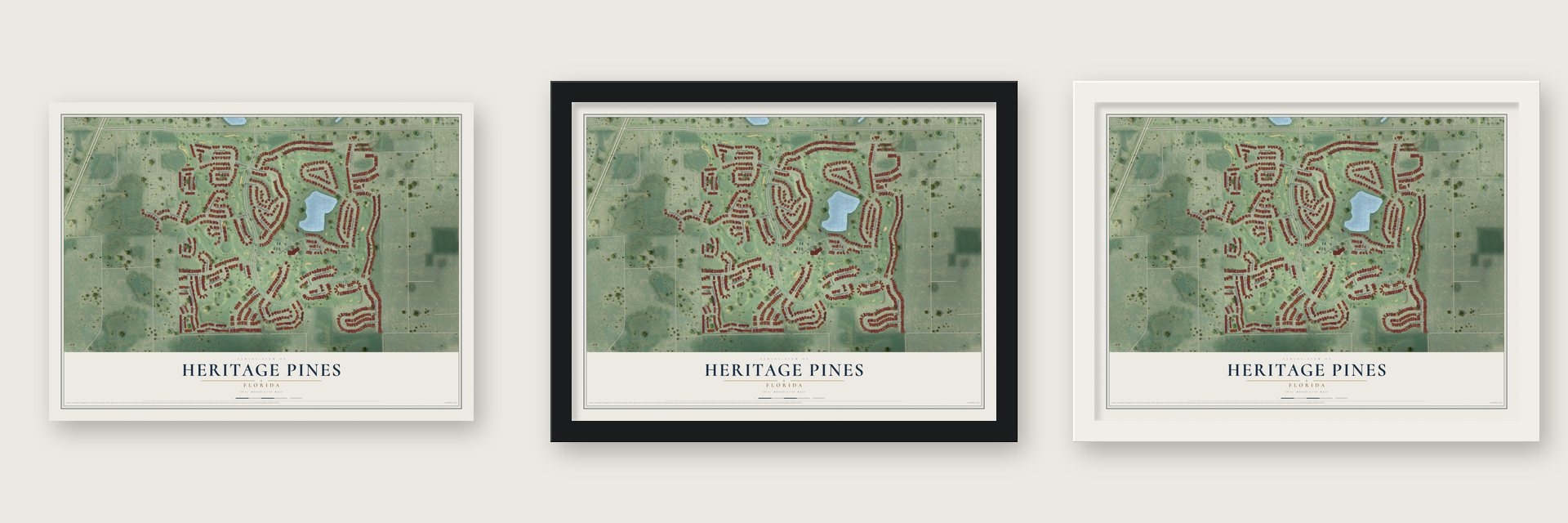 Heritage Pines, Florida map unframed, in a black wood frame and in a white wood frame