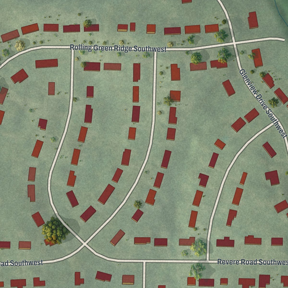 Second close-up of the map of Heritage Valley, Georgia print showing more streets and buildings