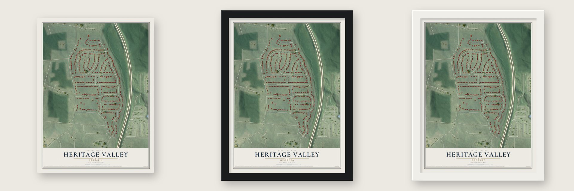 Heritage Valley, Georgia map unframed, in a black wood frame and in a white wood frame