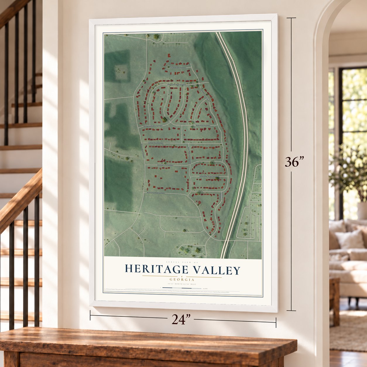 Heritage Valley, Georgia map, 24 x 36 inch print in a white frame by a staircase