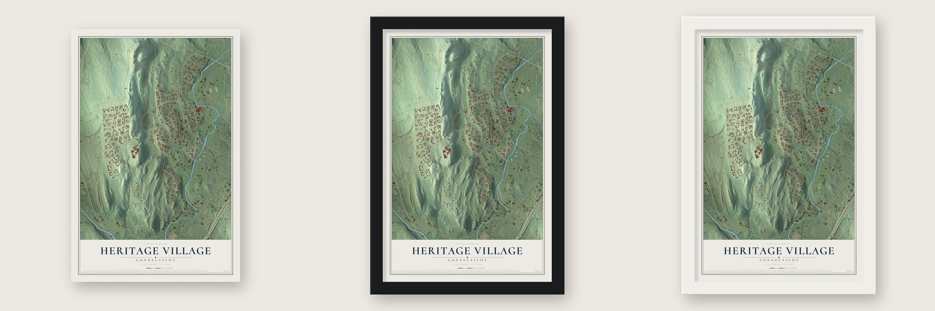 Heritage Village, Connecticut map unframed, in a black wood frame and in a white wood frame