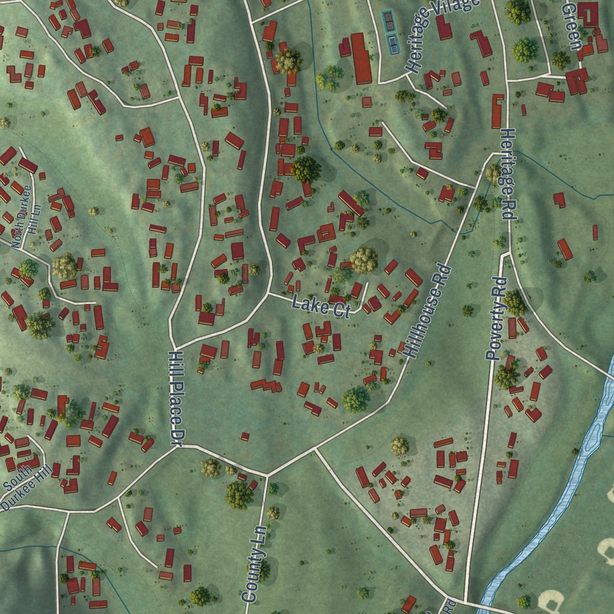 Second close-up of the map of Heritage Village, Connecticut print showing more streets and buildings