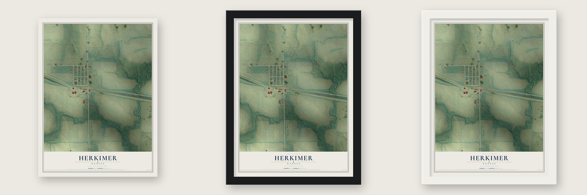 Herkimer, Kansas map unframed, in a black wood frame and in a white wood frame