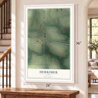 Herkimer, Kansas map, 24 x 36 inch print in a white frame by a staircase