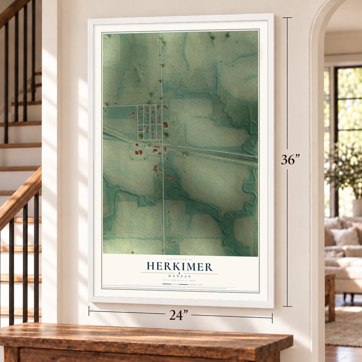 Herkimer, Kansas map, 24 x 36 inch print in a white frame by a staircase