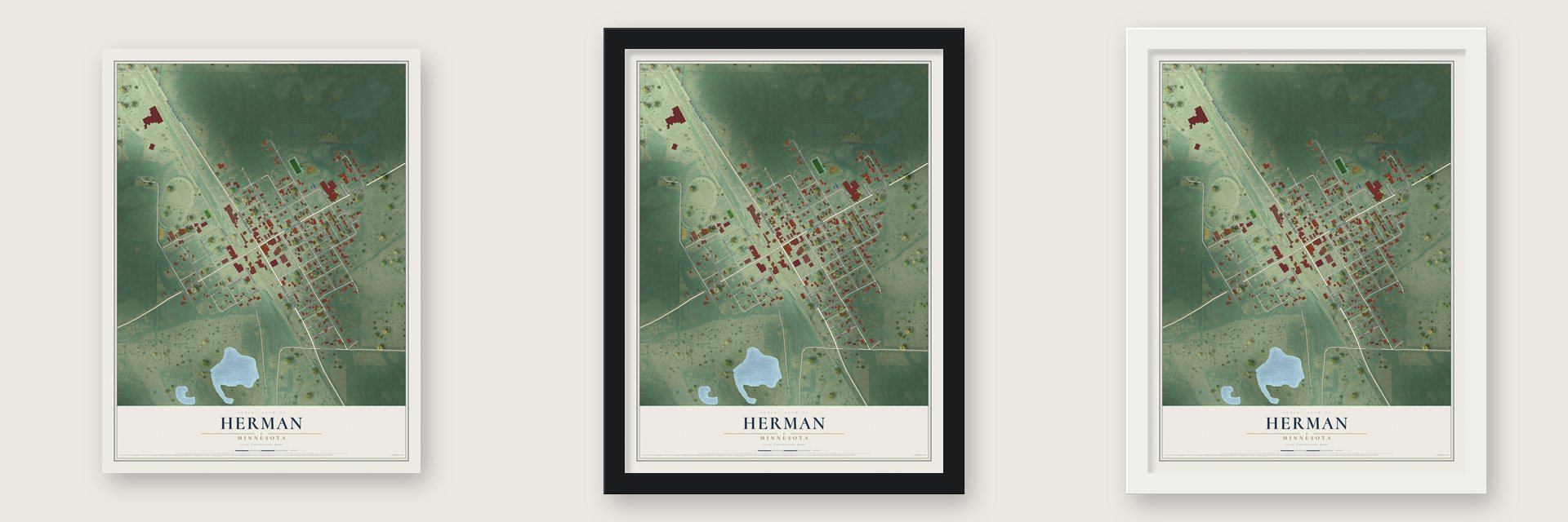 Herman, Minnesota map unframed, in a black wood frame and in a white wood frame