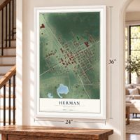 Herman, Minnesota map, 24 x 36 inch print in a white frame by a staircase
