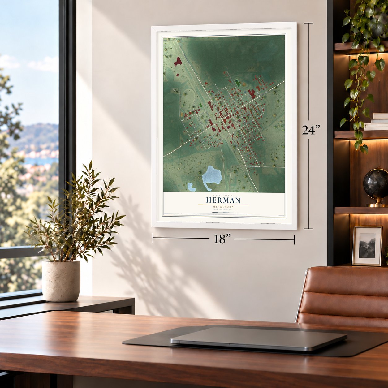 Herman, Minnesota map, 18 x 24 inch print in a white frame in a home office
