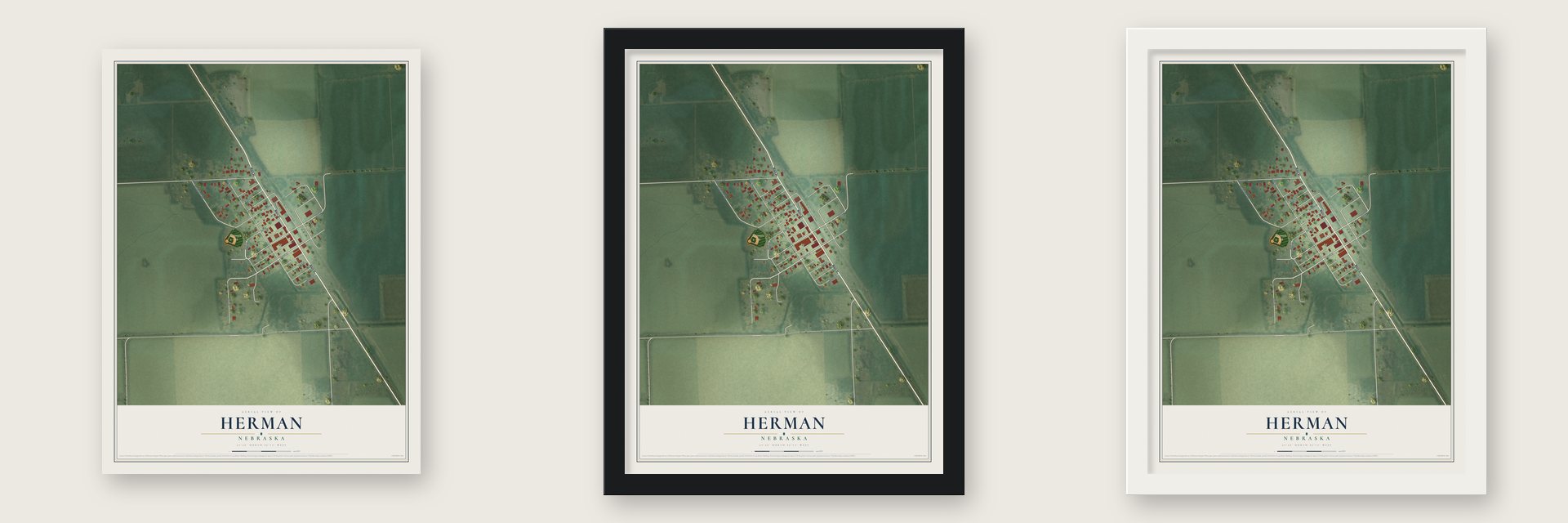 Herman, Nebraska map unframed, in a black wood frame and in a white wood frame