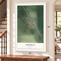 Herman, Nebraska map, 24 x 36 inch print in a white frame by a staircase