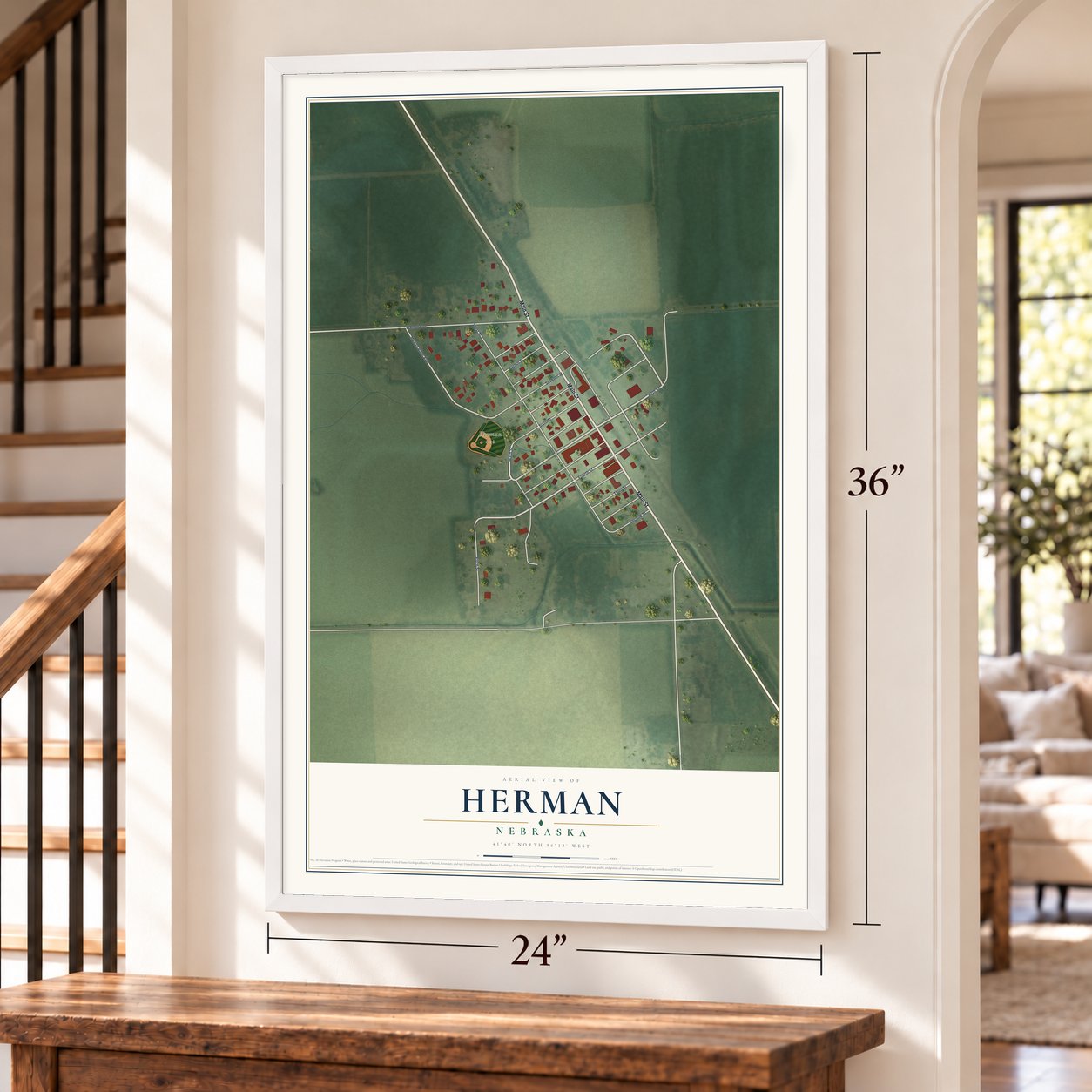 Herman, Nebraska map, 24 x 36 inch print in a white frame by a staircase