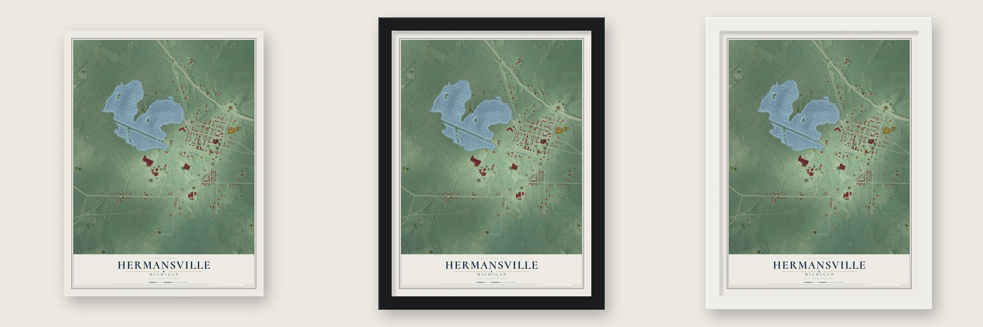 Hermansville, Michigan map unframed, in a black wood frame and in a white wood frame