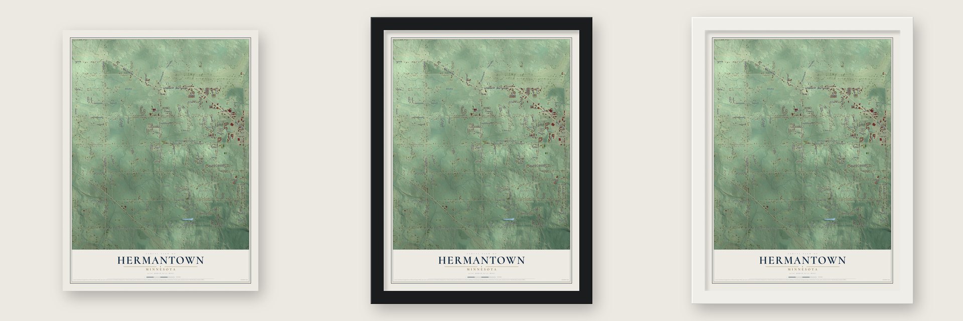 Hermantown, Minnesota map unframed, in a black wood frame and in a white wood frame