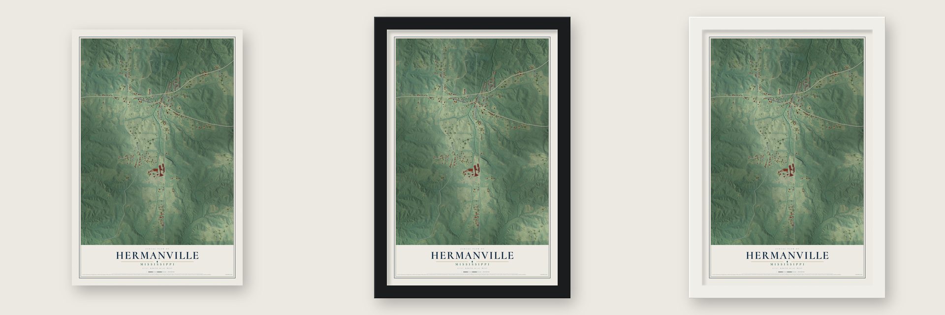 Hermanville, Mississippi map unframed, in a black wood frame and in a white wood frame