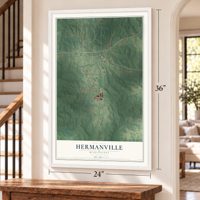Hermanville, Mississippi map, 24 x 36 inch print in a white frame by a staircase