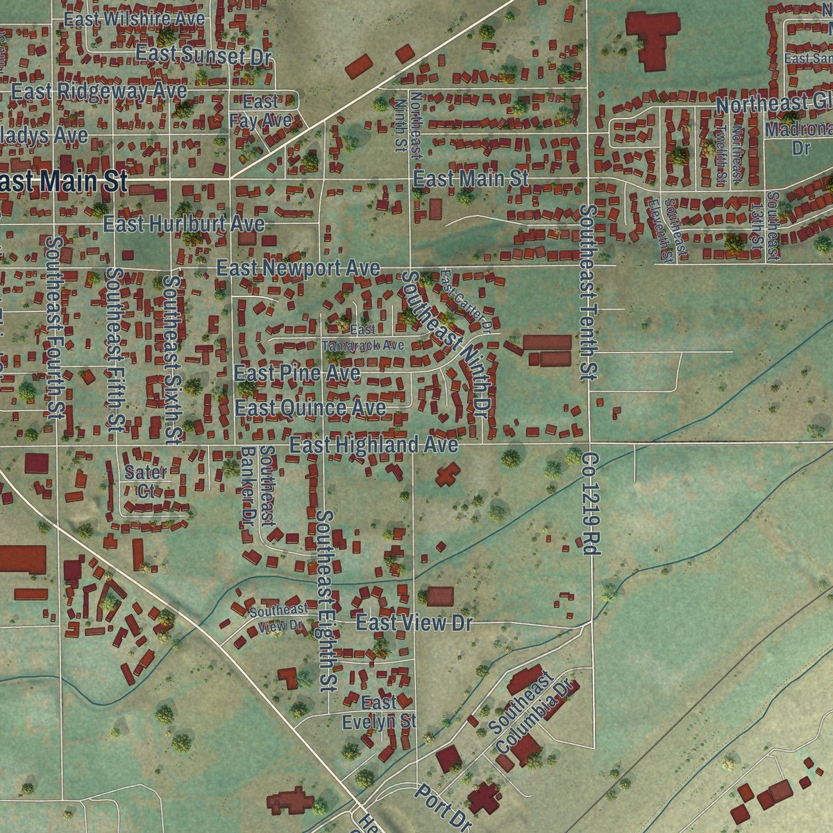 Second close-up of the map of Hermiston, Oregon print showing more streets and buildings