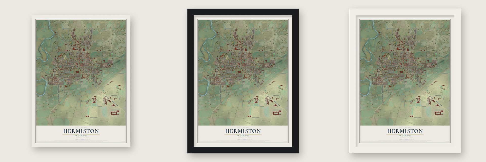 Hermiston, Oregon map unframed, in a black wood frame and in a white wood frame