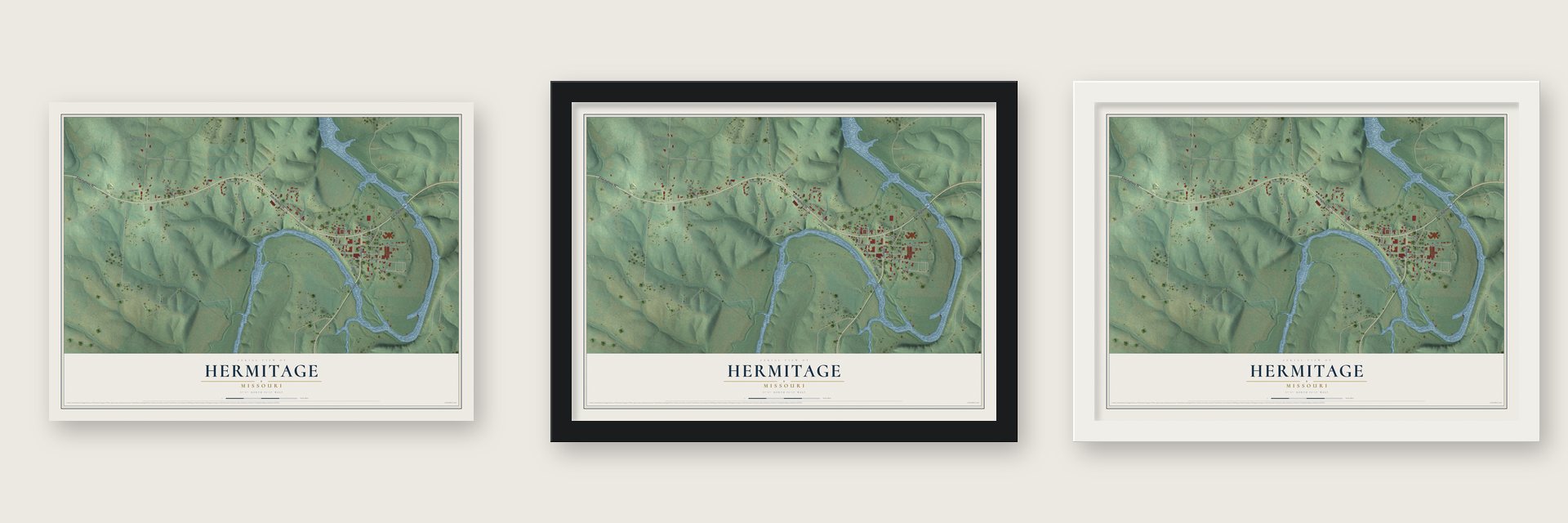 Hermitage, Missouri map unframed, in a black wood frame and in a white wood frame