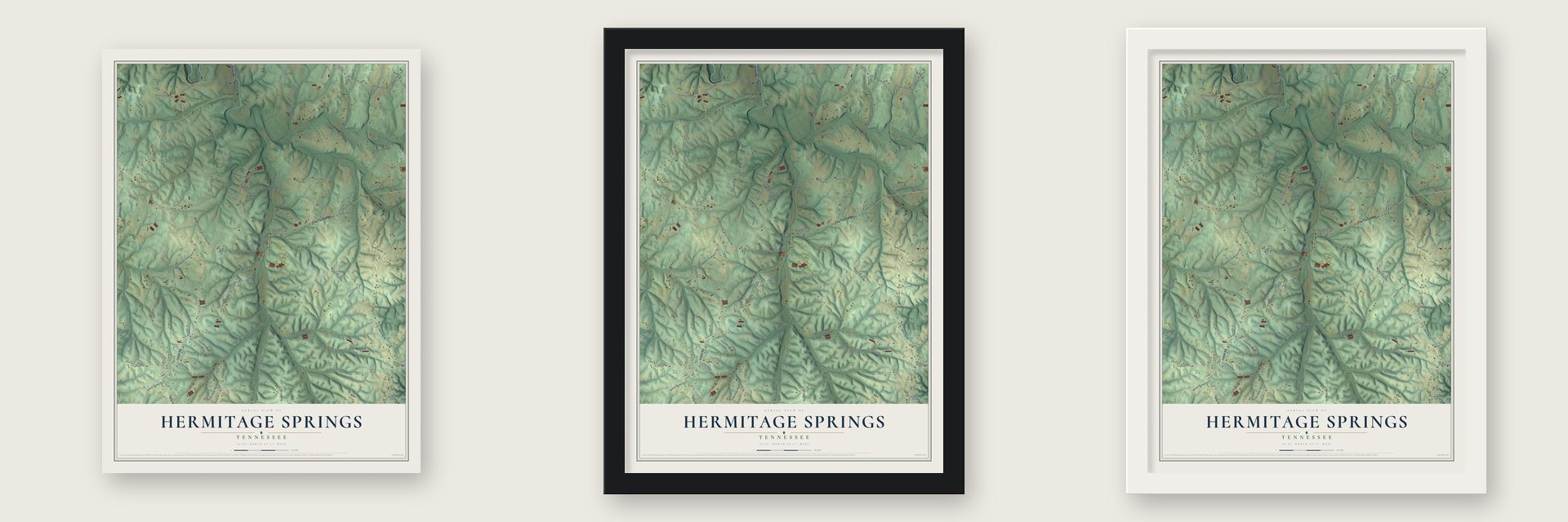 Hermitage Springs, Tennessee map unframed, in a black wood frame and in a white wood frame