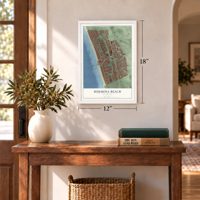 Hermosa Beach, California map, 12 x 18 inch print in a white frame in an entryway