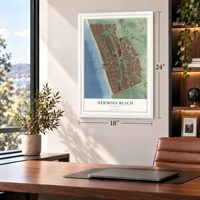 Hermosa Beach, California map, 18 x 24 inch print in a white frame in a home office