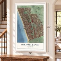 Hermosa Beach, California map, 24 x 36 inch print in a white frame by a staircase