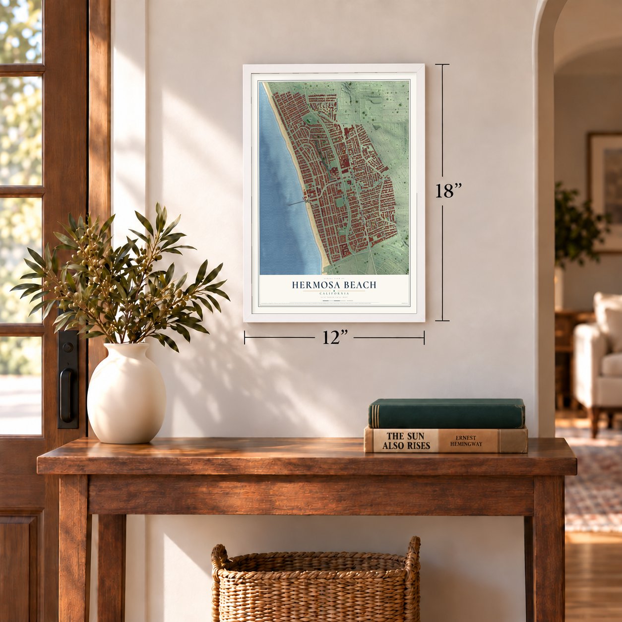 Hermosa Beach, California map, 12 x 18 inch print in a white frame in an entryway