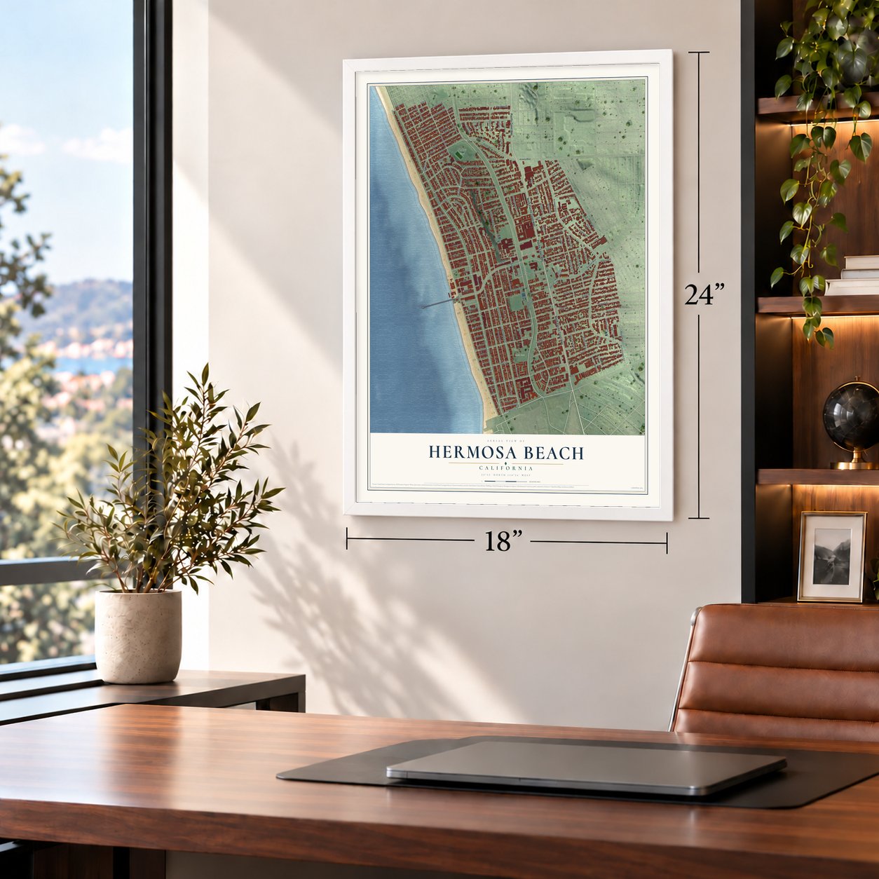 Hermosa Beach, California map, 18 x 24 inch print in a white frame in a home office